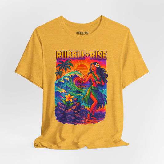 Tropical Paradise Rubble and Rise t-shirt in heather yellow gold