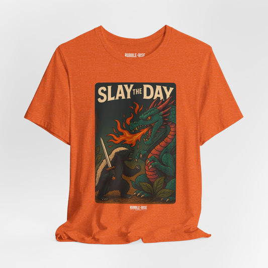 Slay the Day Dragon t-shirt in heather orange