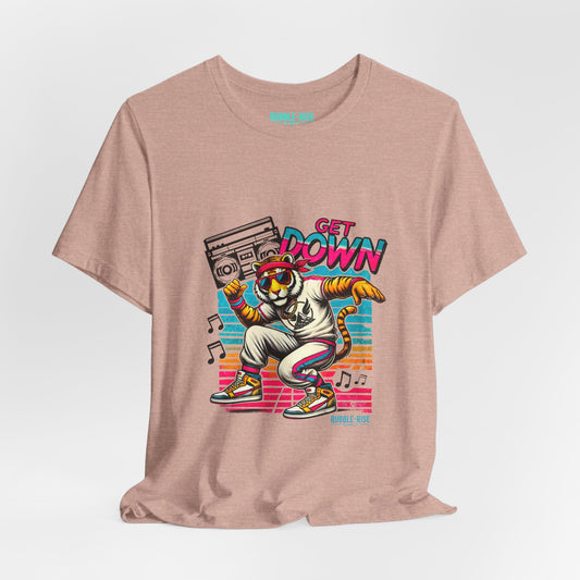 Get Down dancing tiger with boombox, retro neon graphic tee, Heather Prism Peach