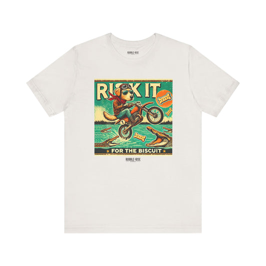 Risk It for the Biscuit Dog Adventure t-shirt in vintage white