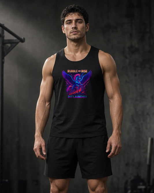 Man in a dark gym wearing the Rubble and Rise Pegasus Get Launched workout tank in Black