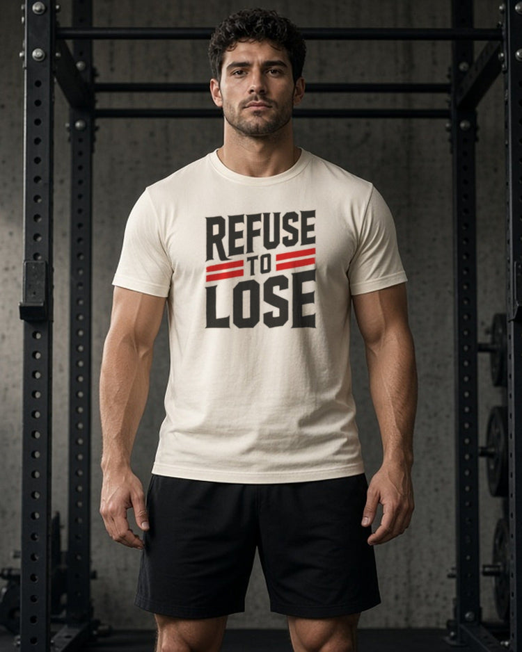 Man wearing the Refuse to Lose motivational gym tee