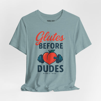 Glutes Before Dudes fitness graphic tee, Heather Blue Lagoon