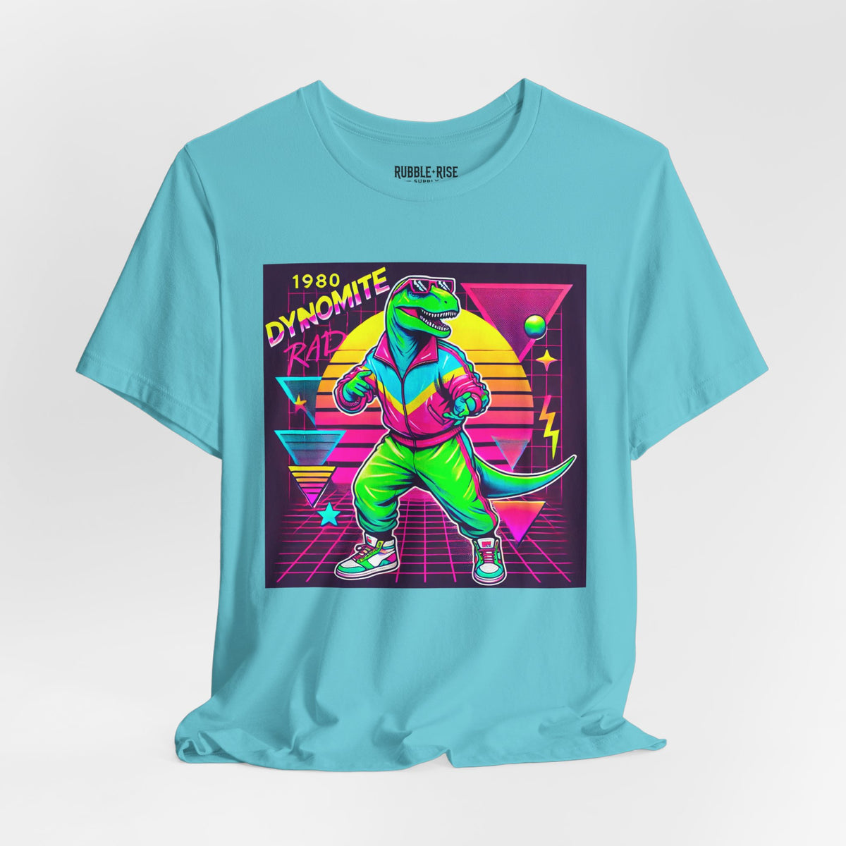 Retro 1980s Dinosaur Pop Culture t-shirt in turquoise