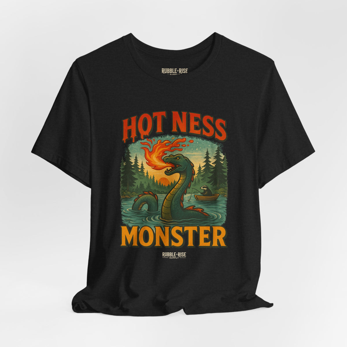 Hot Ness Monster camping graphic tee, Heather Deep Teal