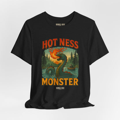 Hot Ness Monster camping graphic tee, Heather Deep Teal