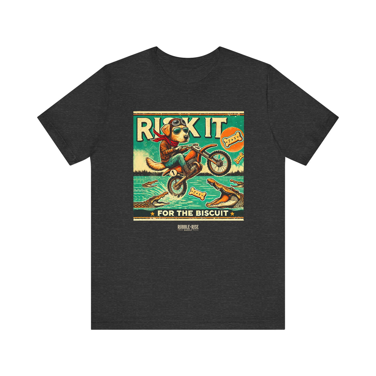 Risk It for the Biscuit Dog Adventure t-shirt in dark grey heather