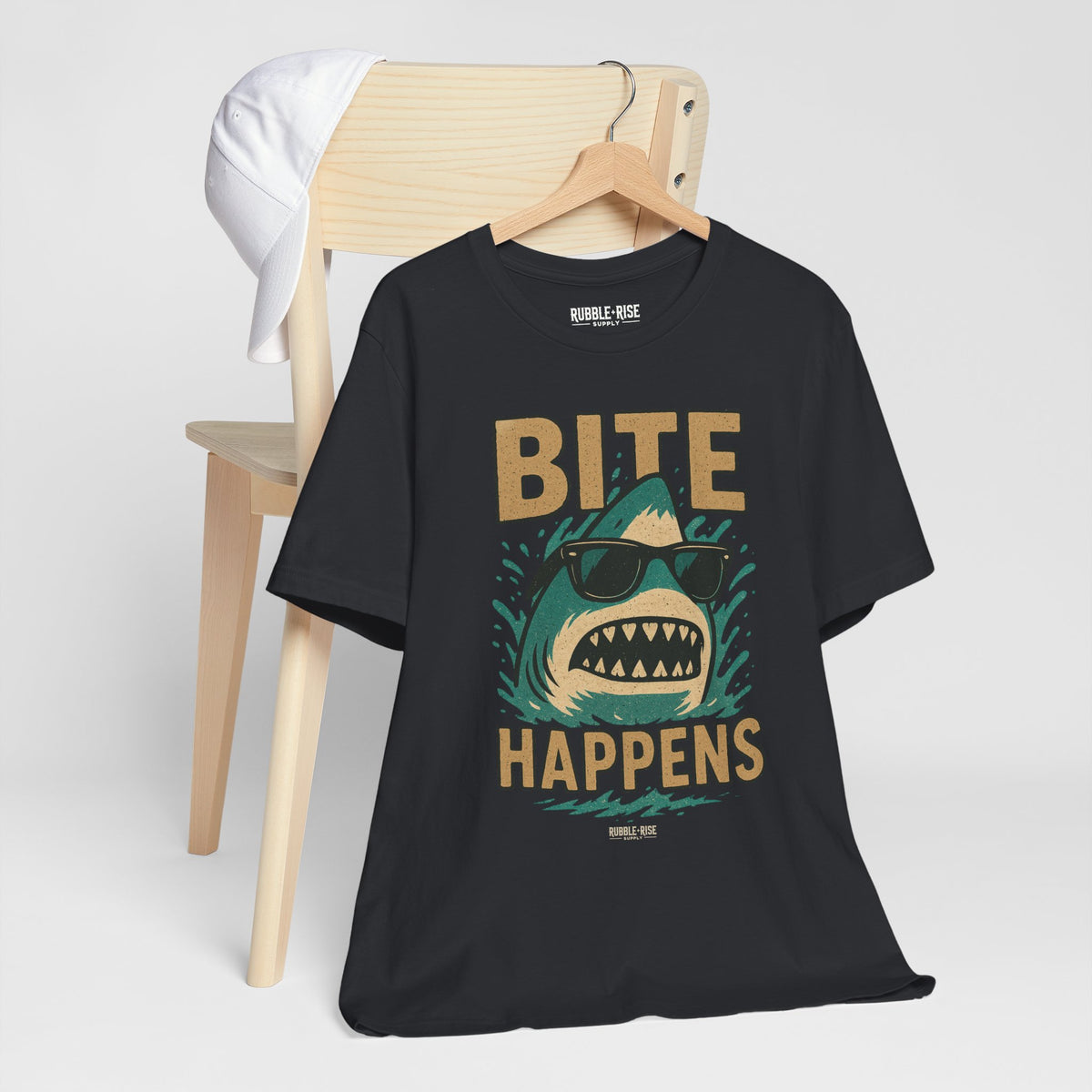 Bite Happens shark graphic tee, Heather Red