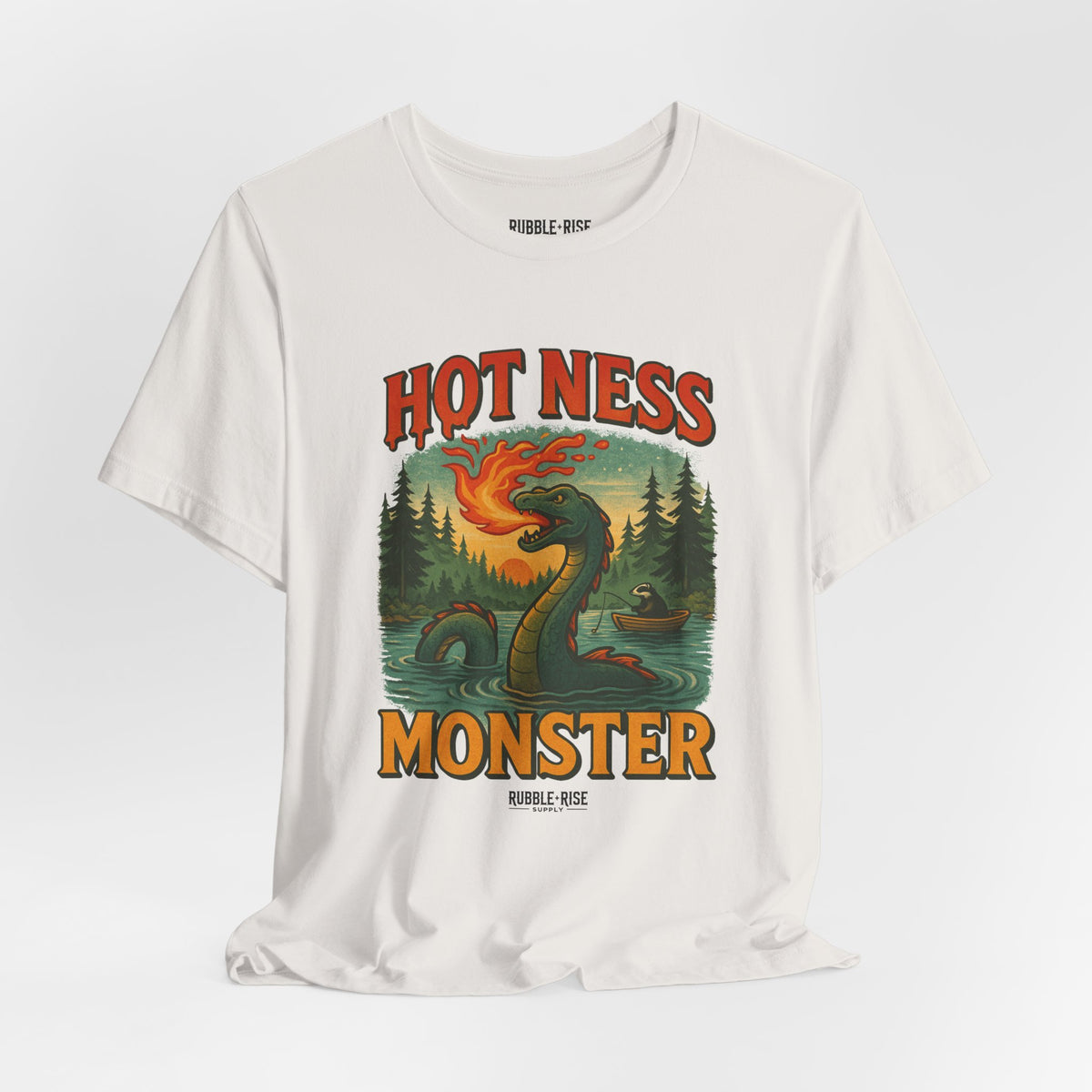 Hot Ness Monster camping graphic tee, Heather Military Green