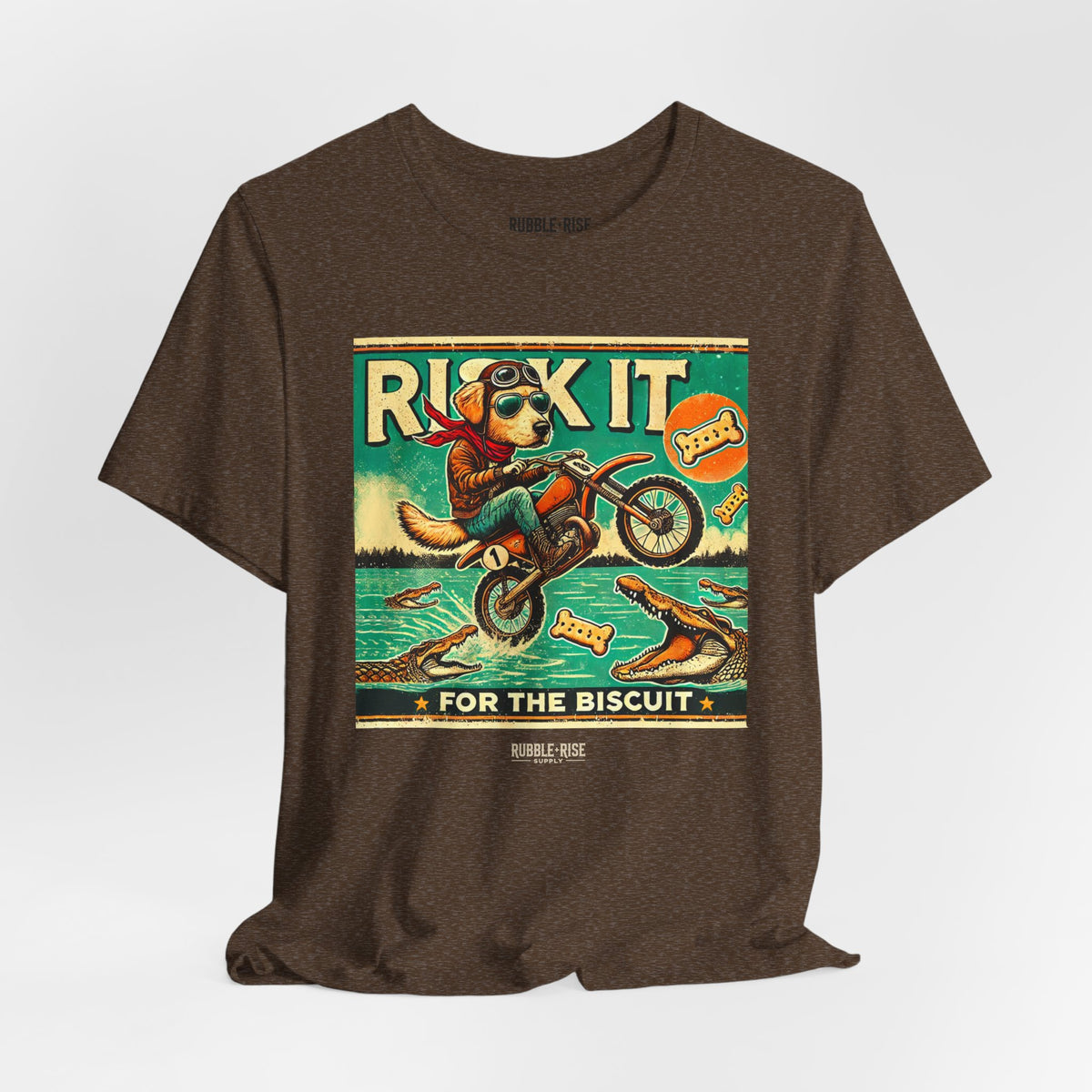 Risk It for the Biscuit Dog Adventure t-shirt in heather brown
