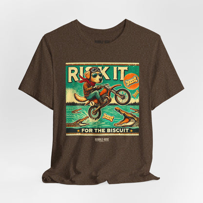 Risk It for the Biscuit Dog Adventure t-shirt in heather brown