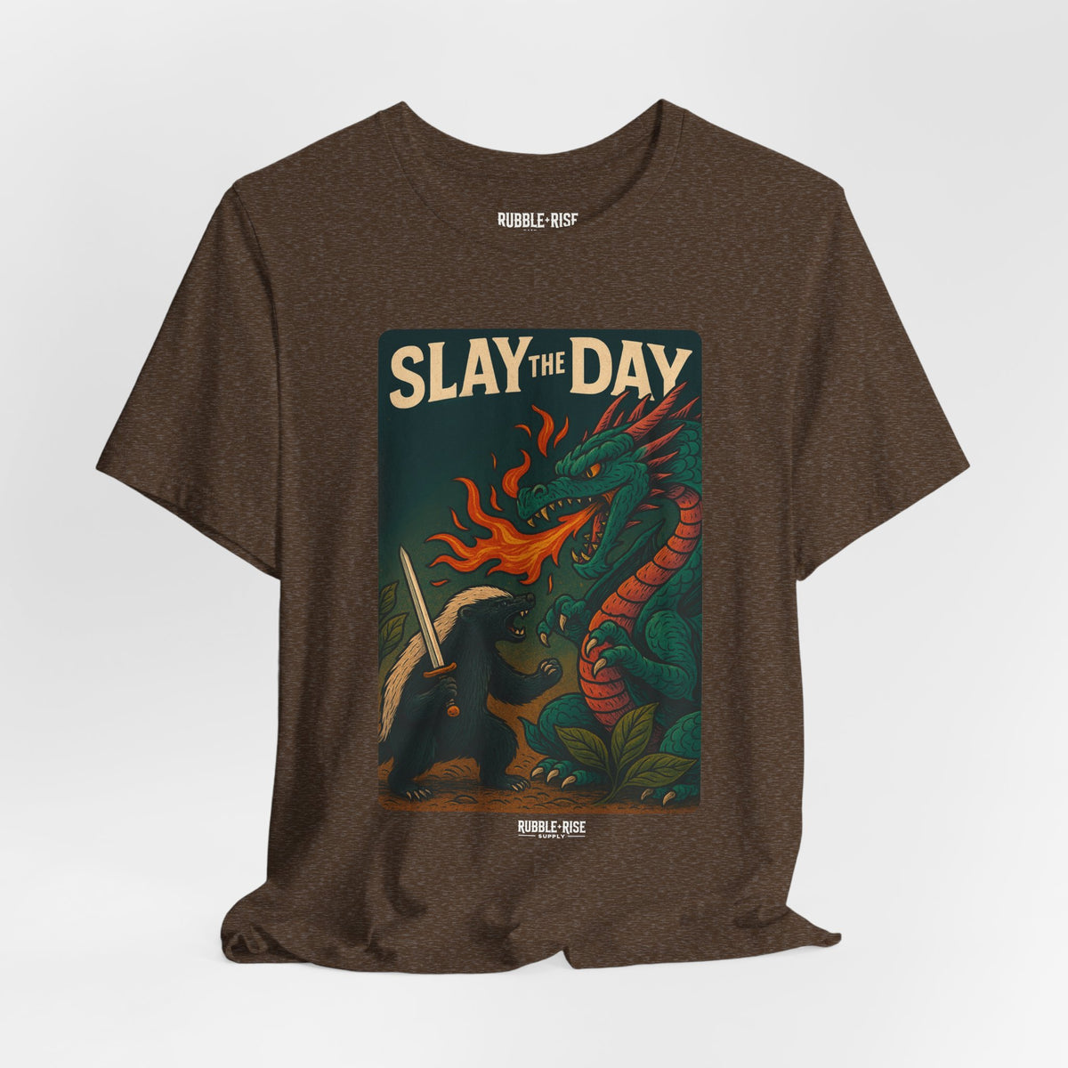 Slay the Day Dragon t-shirt in heather brown