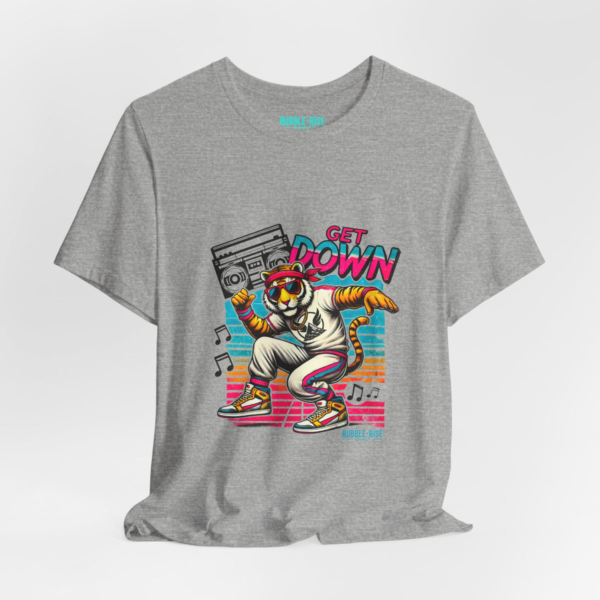 Get Down dancing tiger with boombox, retro neon graphic tee, Athletic Heather