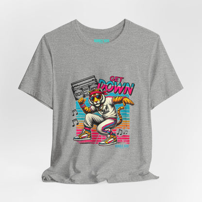 Get Down dancing tiger with boombox, retro neon graphic tee, Athletic Heather