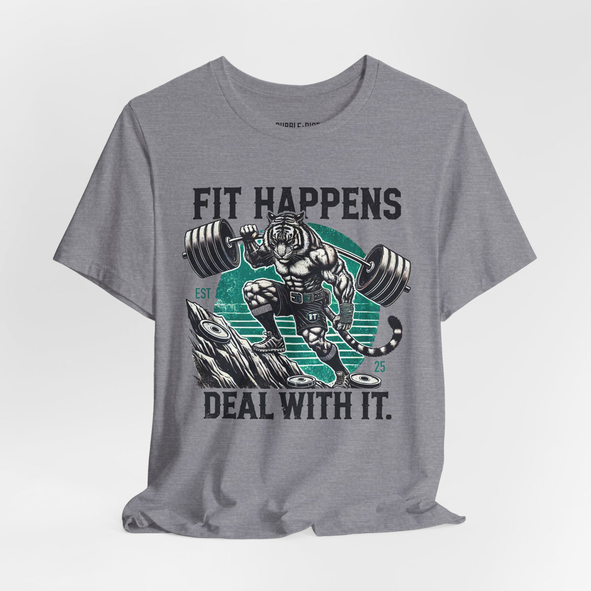 Fit Happens Humor t-shirt in heather storm