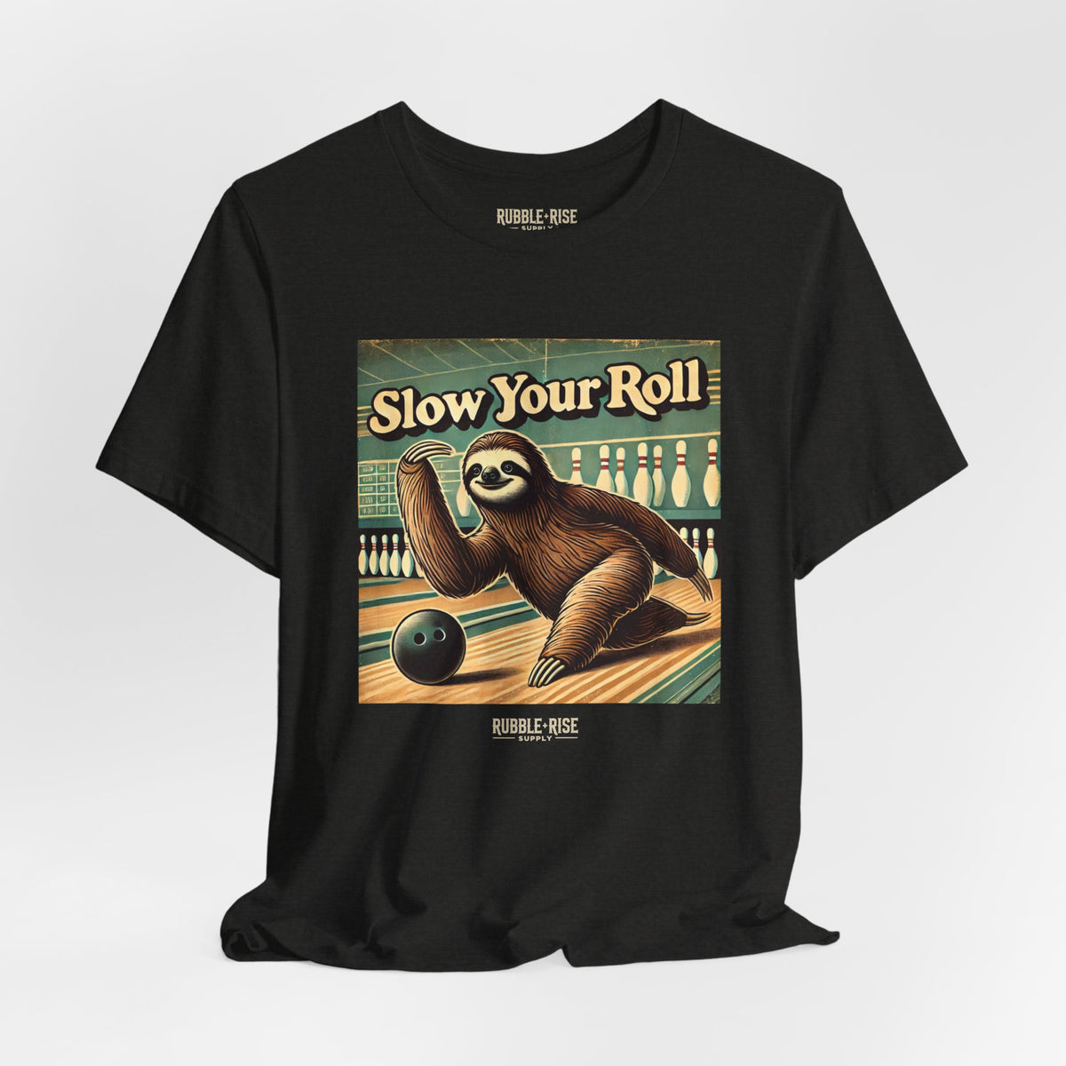 Slow Your Roll sloth bowling graphic tee, Black Heather