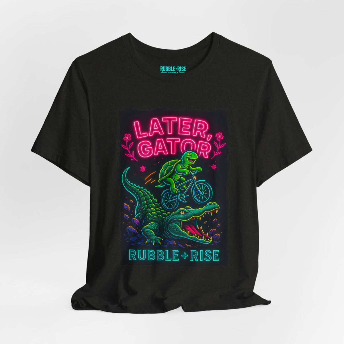 Later Gator neon alligator biking graphic tee, Black Heather