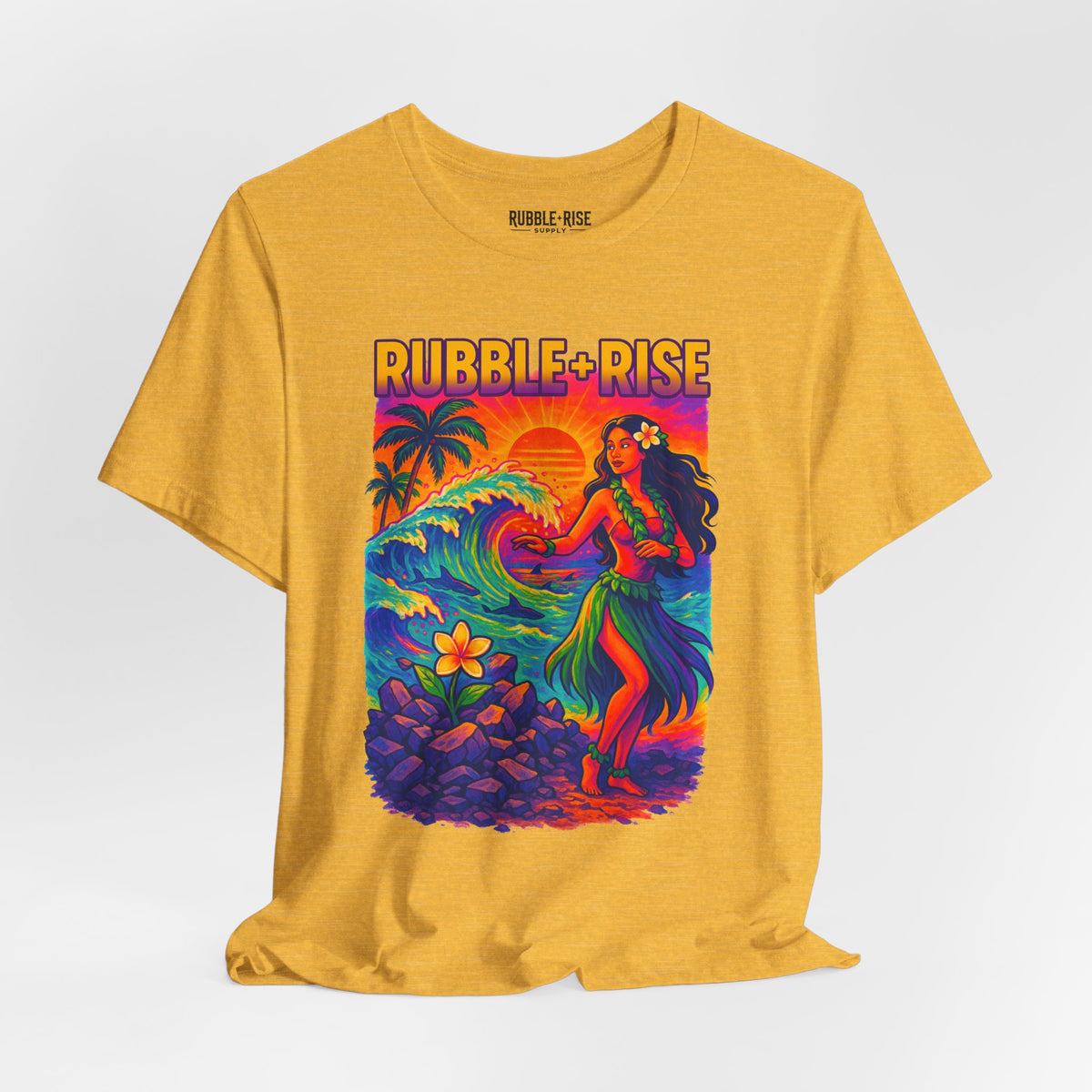 Tropical Paradise Rubble and Rise t-shirt in heather yellow gold