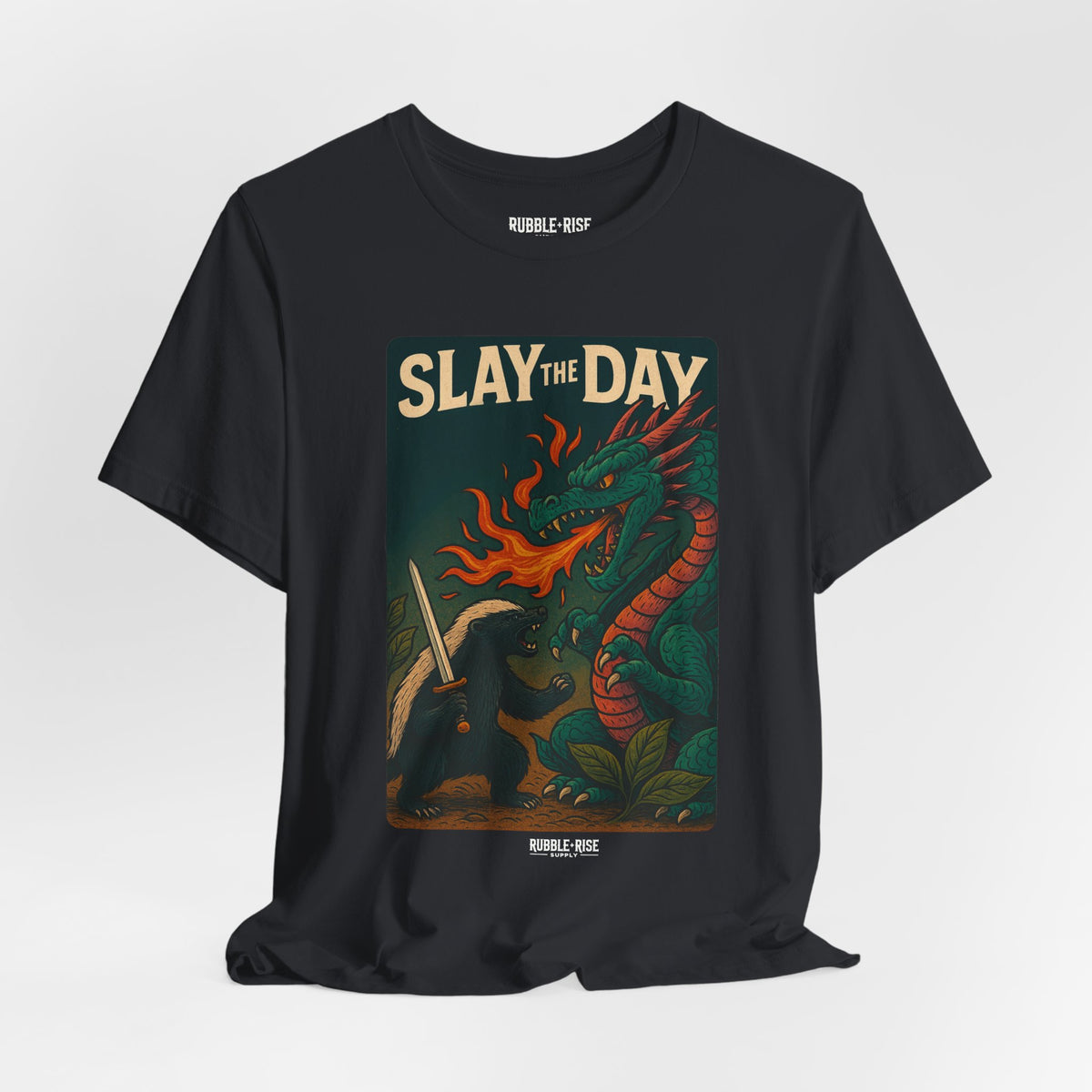 Slay the Day Dragon t-shirt in vintage black