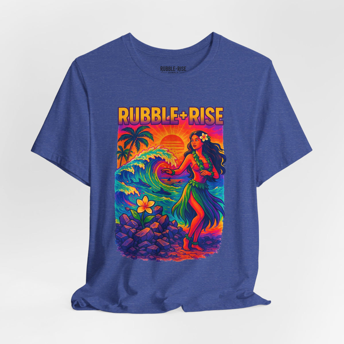 Tropical Paradise Rubble and Rise t-shirt in heather true royal
