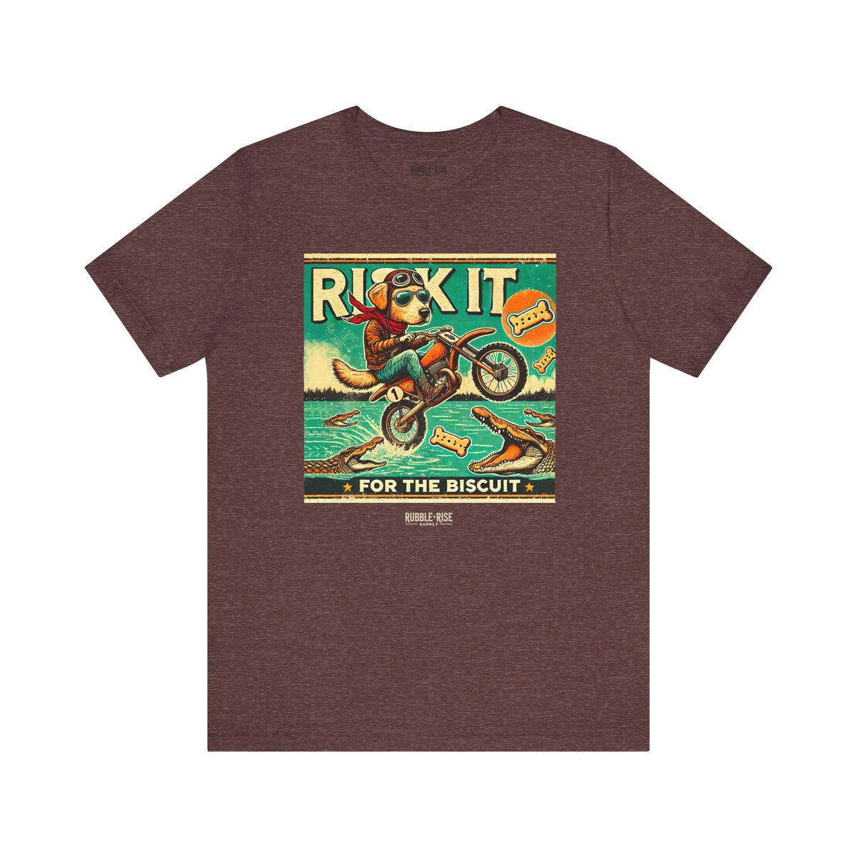 Risk It for the Biscuit Dog Adventure t-shirt in heather maroon