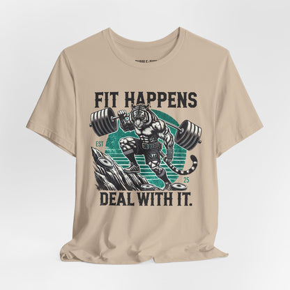 Fit Happens Humor t-shirt in tan