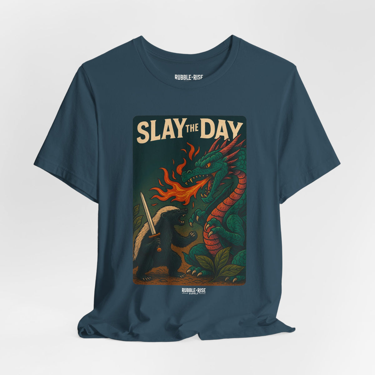 Slay the Day Dragon t-shirt in deep teal