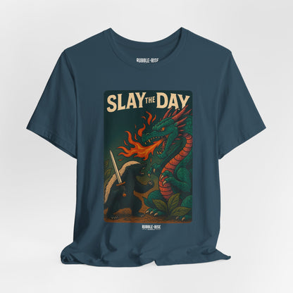 Slay the Day Dragon t-shirt in deep teal