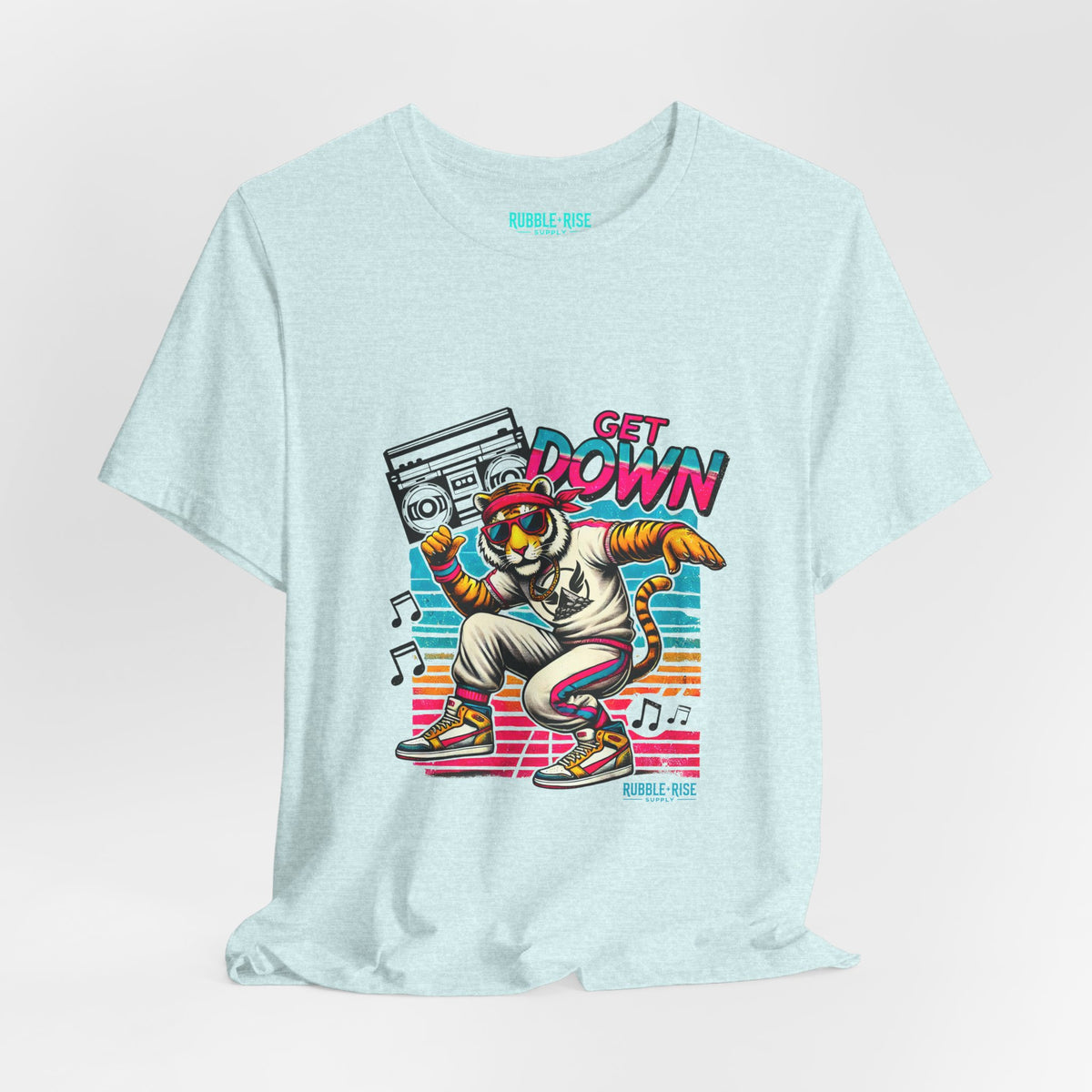 Get Down dancing tiger with boombox, retro neon graphic tee, Heather Prism Ice Blue