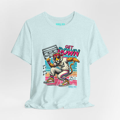 Get Down dancing tiger with boombox, retro neon graphic tee, Heather Prism Ice Blue