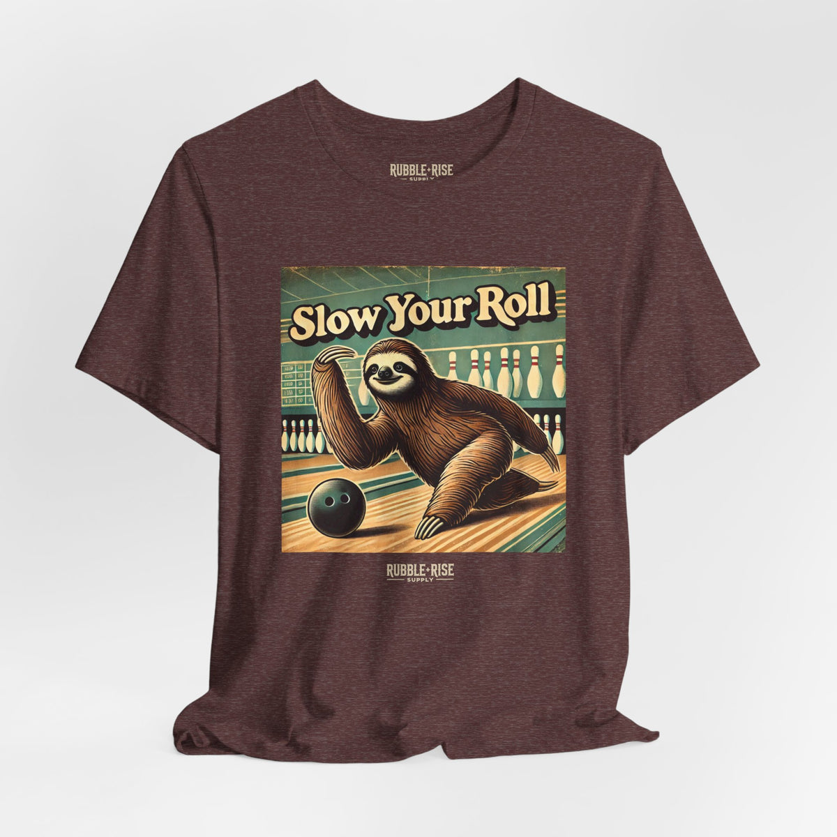 Slow Your Roll sloth bowling graphic tee, Heather Maroon