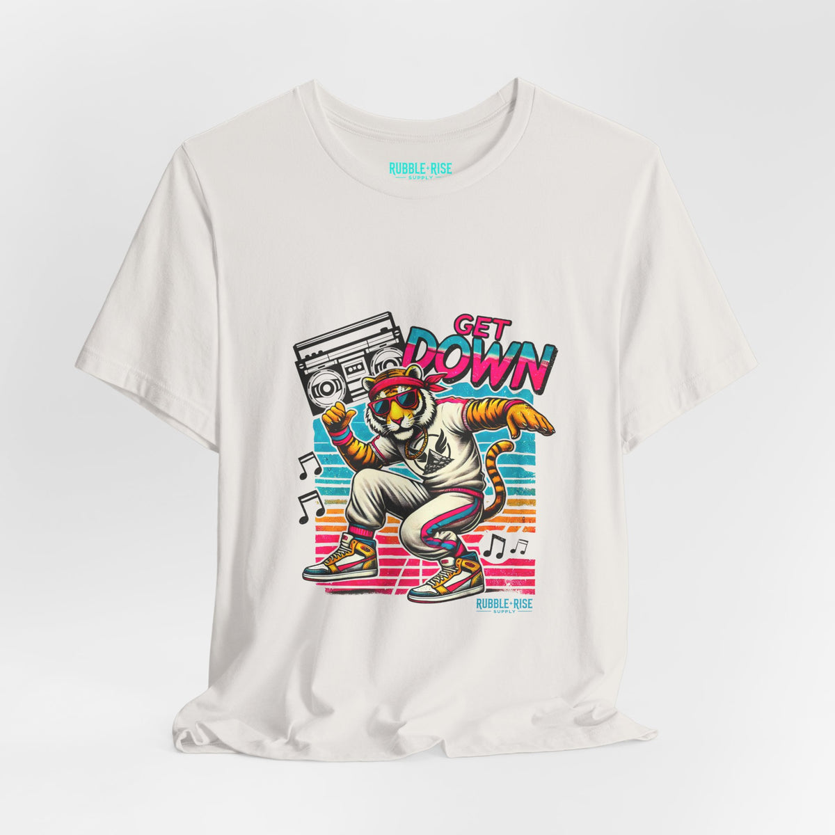 Get Down dancing tiger with boombox, retro neon graphic tee