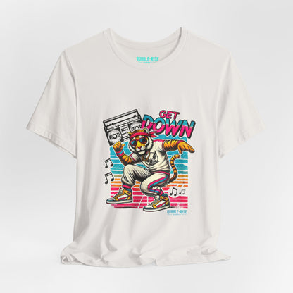 Get Down dancing tiger with boombox, retro neon graphic tee