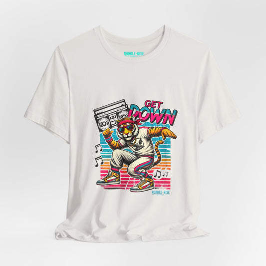 Get Down dancing tiger with boombox, retro neon graphic tee