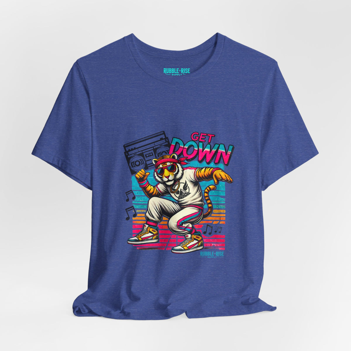 Get Down dancing tiger with boombox, retro neon graphic tee, Heather True Royal