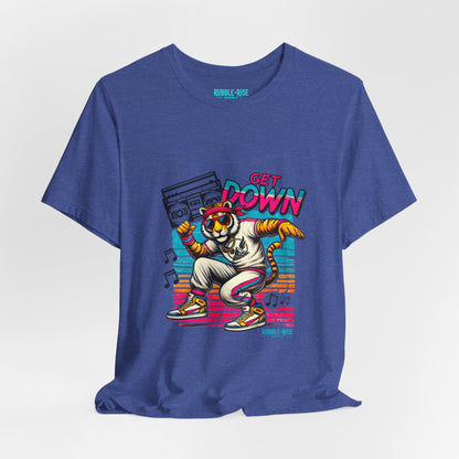 Get Down dancing tiger with boombox, retro neon graphic tee, Heather True Royal