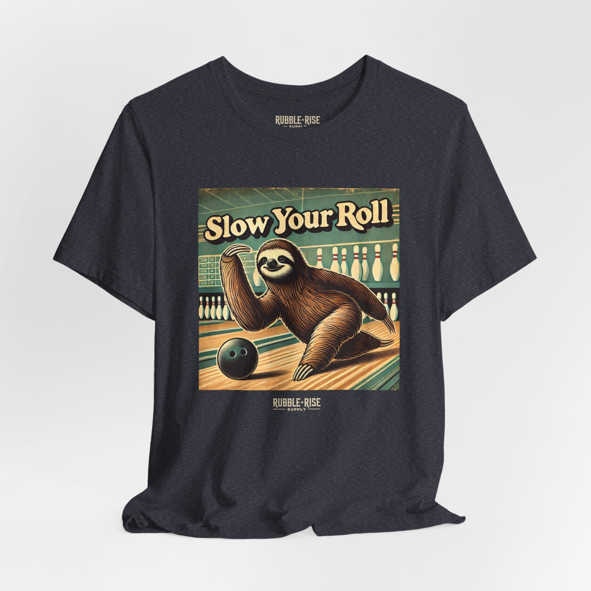 Slow Your Roll sloth bowling graphic tee, Heather Navy
