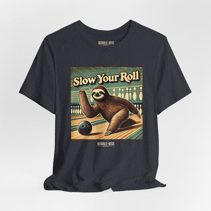 Slow Your Roll sloth bowling graphic tee, Heather Navy