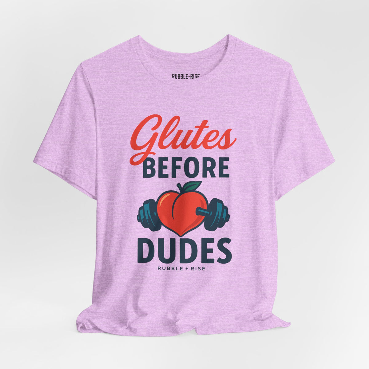 Glutes Before Dudes fitness graphic tee, Heather Prism Lilac