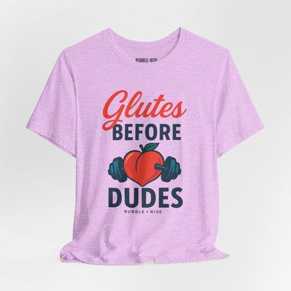 Glutes Before Dudes fitness graphic tee, Heather Prism Lilac