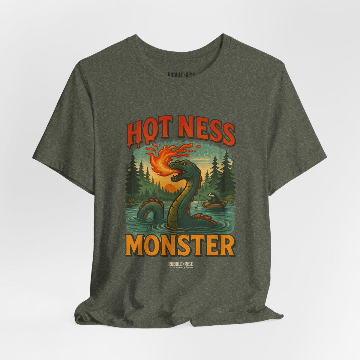 Hot Ness Monster Camping t-shirt in heather military green