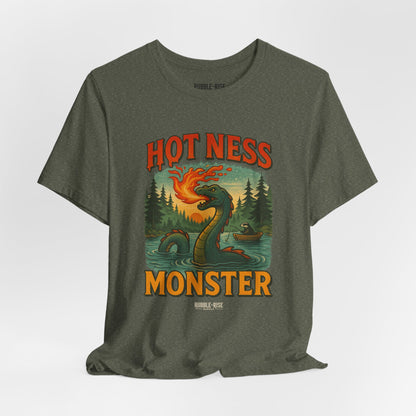 Hot Ness Monster Camping t-shirt in heather military green