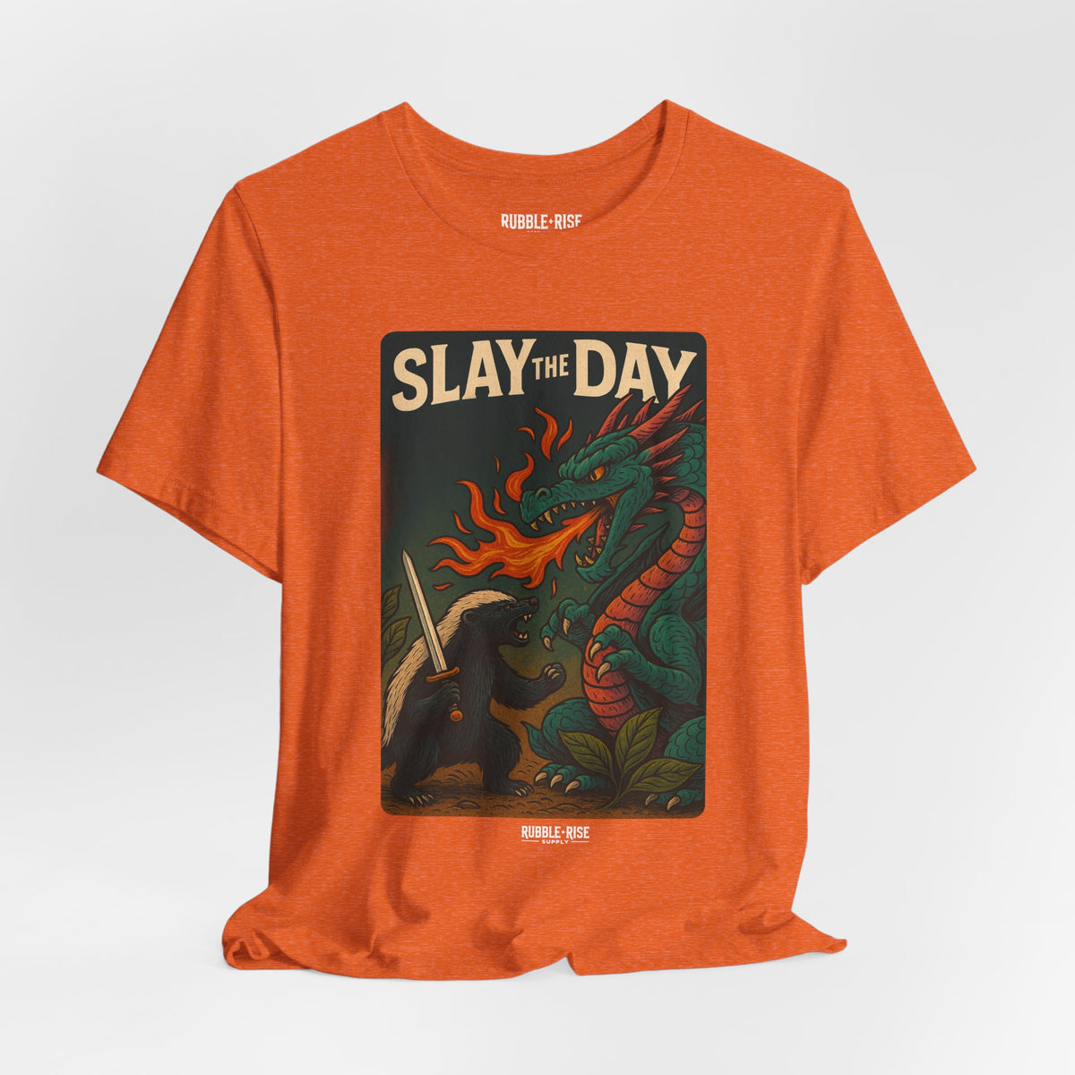 Slay the Day Dragon t-shirt in heather orange
