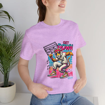 Get Down dancing tiger with boombox, retro neon graphic tee, Heather Prism Lilac