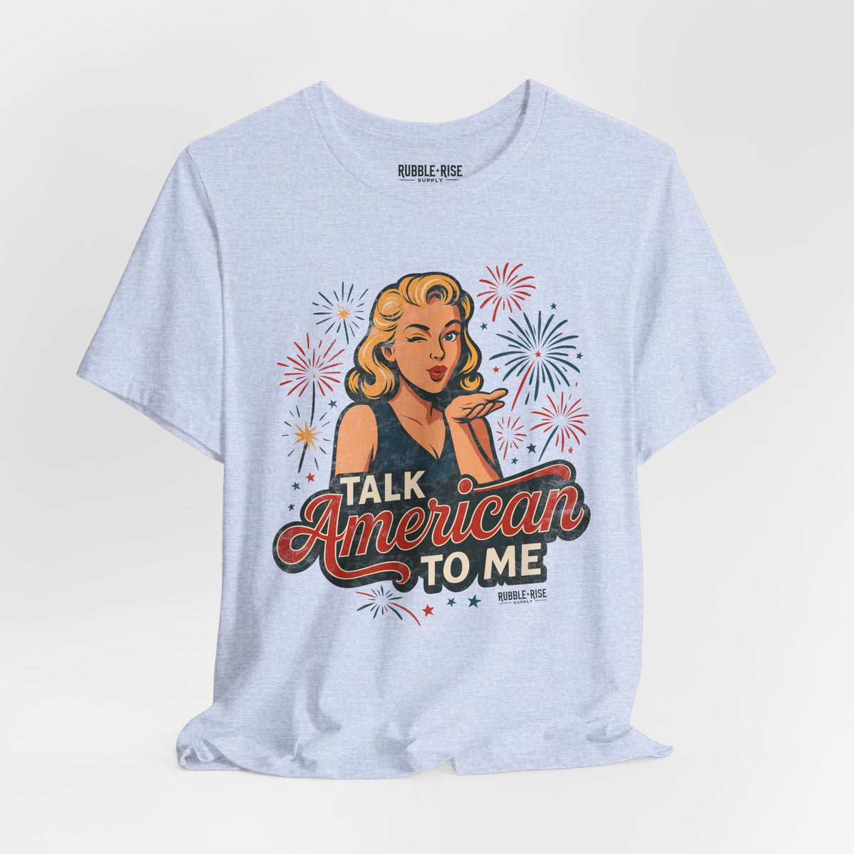 Talk American to Me Retro Pop Art t-shirt in heather prism blue