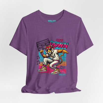 Get Down dancing tiger with boombox, retro neon graphic tee, Heather Team Purple
