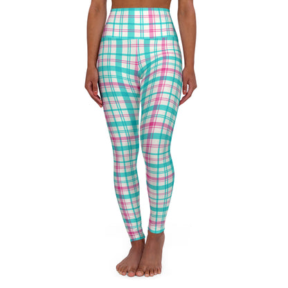 Pink Teal Flannel high-waist leggings