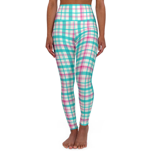 Pink Teal Flannel high-waist leggings