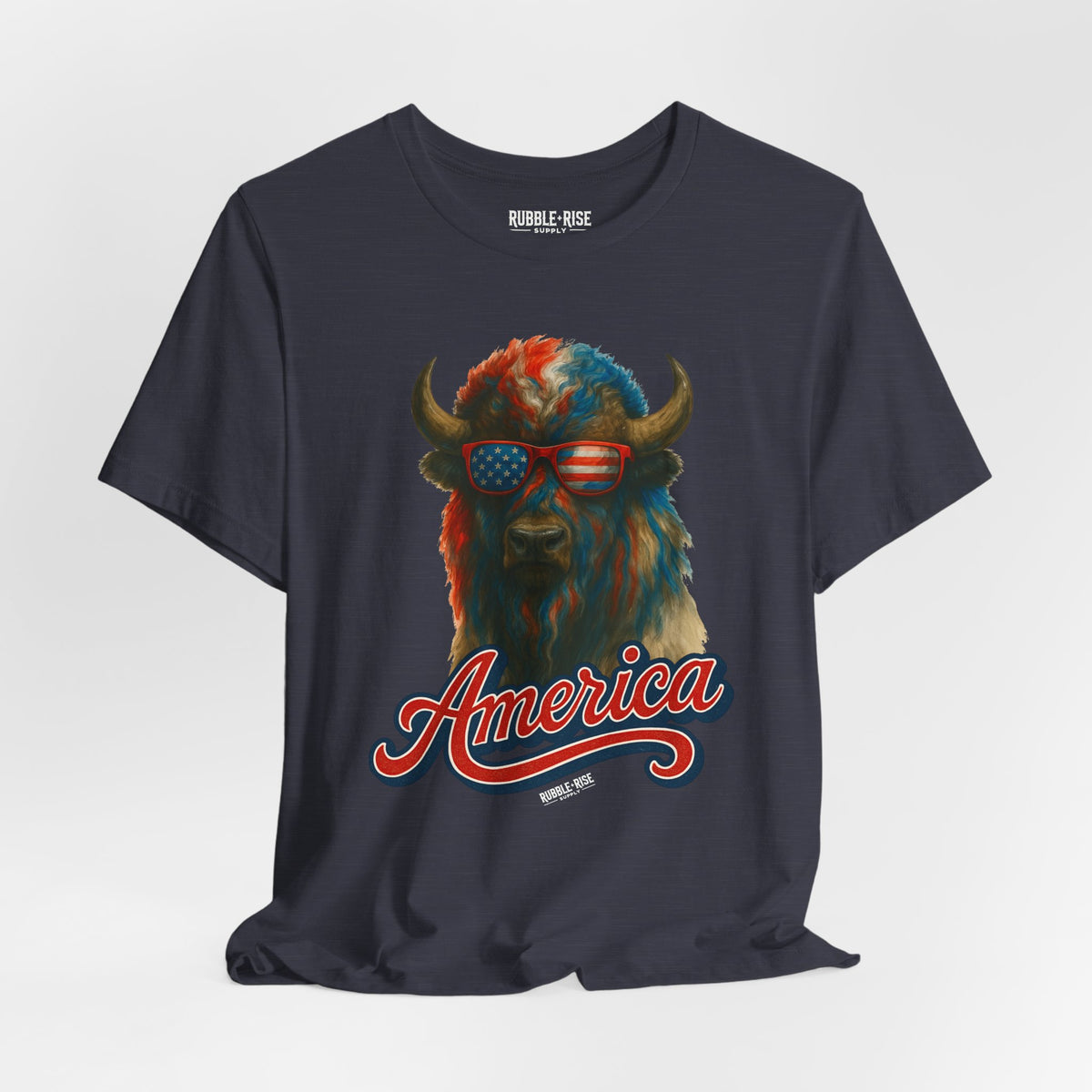 Patriotic Buffalo 4th of July t-shirt in heather midnight navy