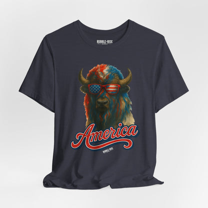 Patriotic Buffalo 4th of July t-shirt in heather midnight navy